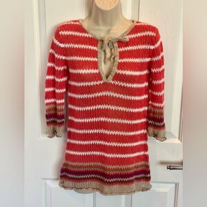 Tommy Bahama Beach coverup Small loose knit. Orange/Peachy white ties at neck.
